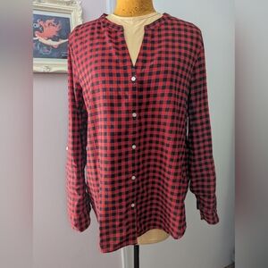 Women's Red & Black Cotton Button Front Blouse size XL V Neck Calvin Klein